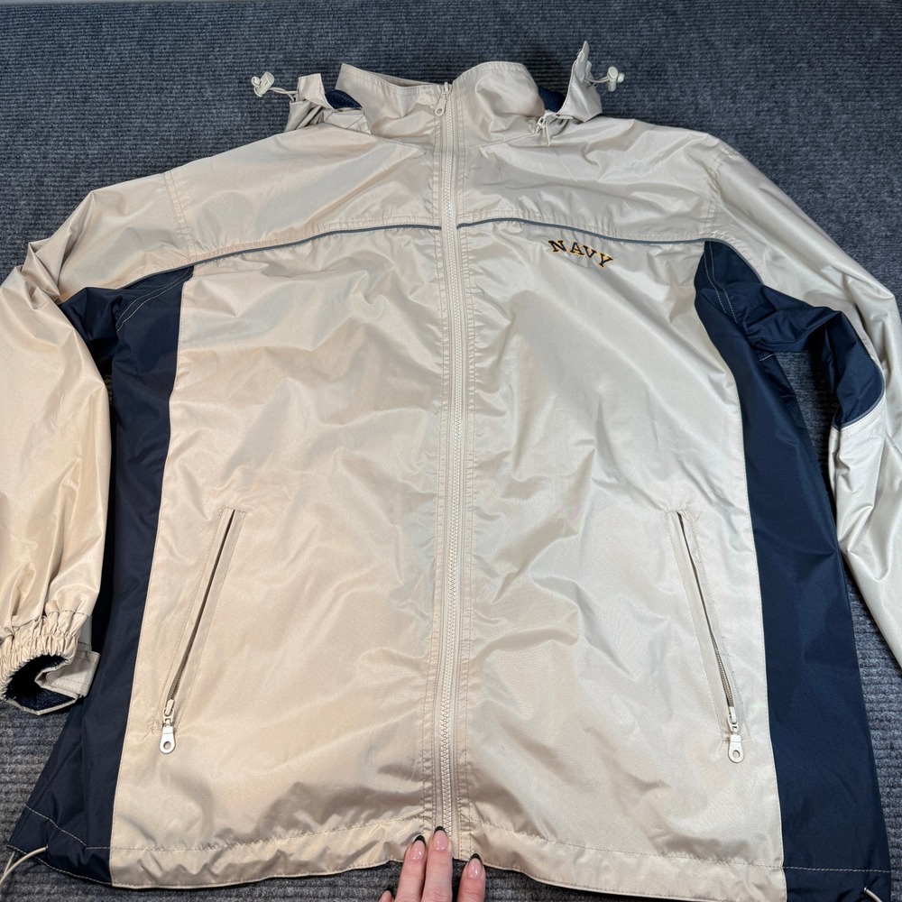 Cheneral Mens Navy Windbreaker Jacket Full Zip Hooded Beige Blue XL